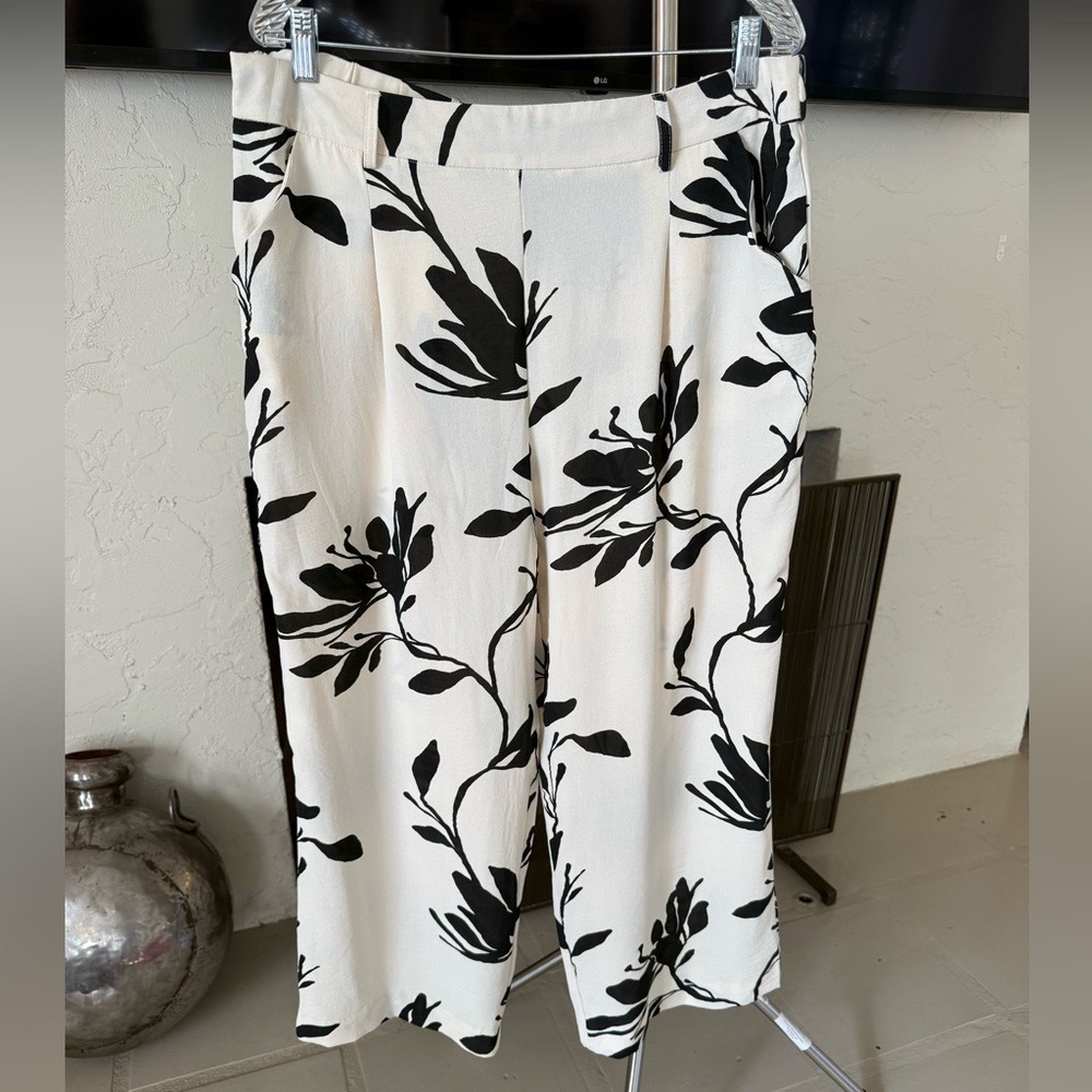 Jules & Leopold XL Floral Wide Leg Crop Pants Black Cream Elastic Waist